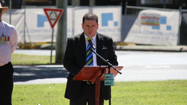 Gladstone Mayor Matt Burnett addresses the 54th Long Tan Day Commemorations at Anzac Park. Picture Rodney Stevens