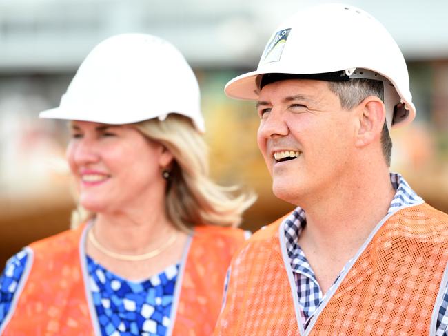 Chief Minister Michael Gunner and Infrastructure Minister Eva Lawler address media at the Zuccoli Primary School construction site, Darwin.Picture: Che Chorley