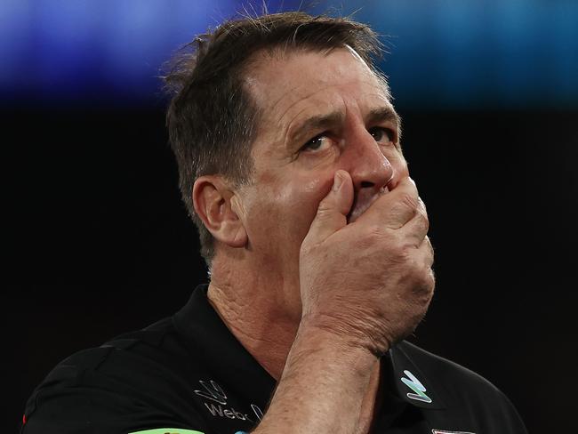 MELBOURNE - July 8 : AFL.   Ross Lyon, Senior Coach of the Saints at 3 quarter timeduring the round 17 AFL match between St Kilda and Melbourne at Marvel Stadium  on July 8, 2023.  Photo by Michael Klein.