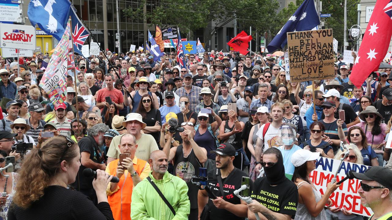 Protesters have rallied against vaccine mandates during demonstrations in Melbourne. Picture: NCA NewsWire / David Crosling