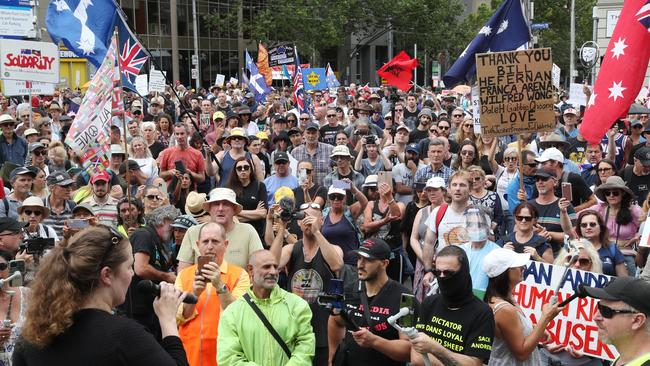 Protesters have rallied against vaccine mandates during demonstrations in Melbourne. Picture: NCA NewsWire / David Crosling