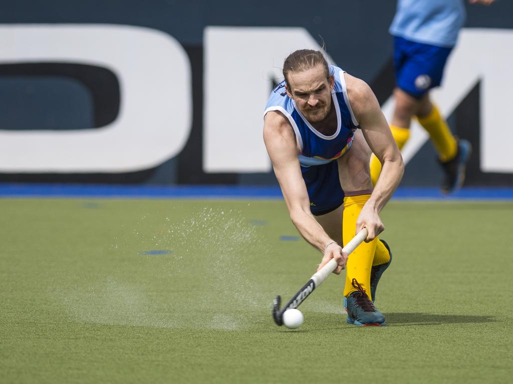 Jay Mogg of Toowoomba 1 against Sunshine Coast in Hockey Queensland Championships at Clyde Park, Sunday, May 2, 2021. Picture: Kevin Farmer