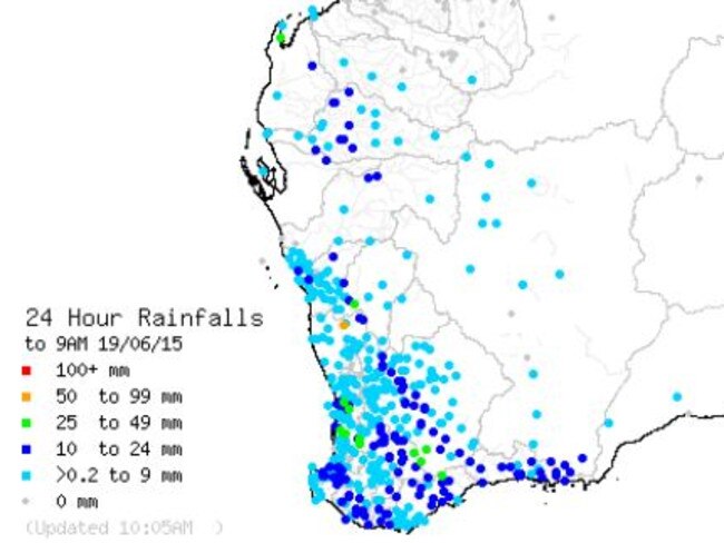 WA Rainfall map shows the extent of the rain from the cold front, to 9am Friday. Picture: Bureau of Meteorology
