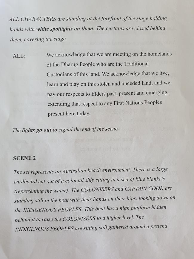 Script handed out to Year 2 students at Mount Kuring-Gai Public School which includes Captain Cook as a coloniser in 1788. MP Mark Latham has called it "fake history".