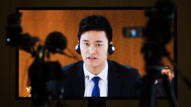 Swimmer Sun Yang is seen on a video screen as he speaks during a public hearing at the Court of Arbitration for Sport in Montreux, Switzerland. Picture: AP