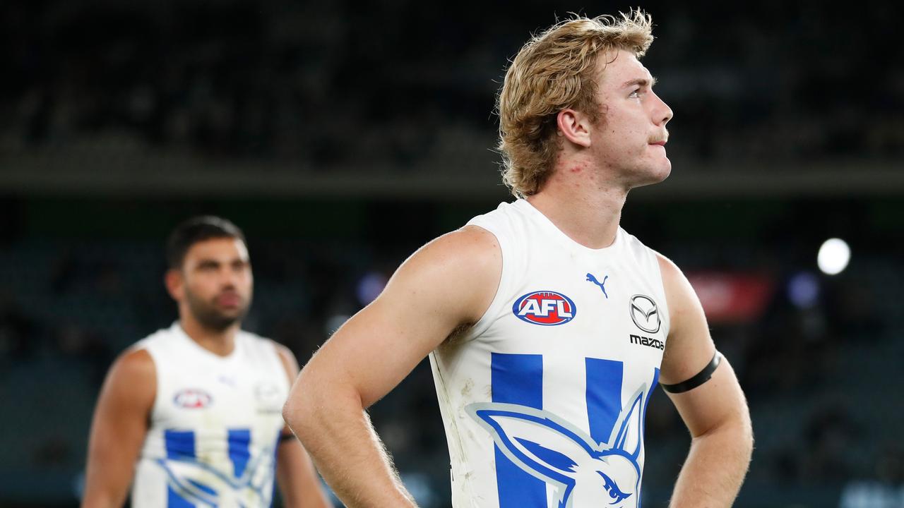 MELBOURNE, AUSTRALIA - APRIL 30: Jason Horne-Francis of the Kangaroos looks dejected after a loss during the 2022 AFL Round 07 match between the Carlton Blues and the North Melbourne Kangaroos at Marvel Stadium on April 30, 2022 in Melbourne, Australia. (Photo by Michael Willson/AFL Photos via Getty Images)