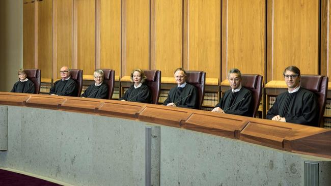 Australian high court justices Michelle Gordon, Patrick Keane, Virginia Bell, outgoing chief justice Susan Kiefel, Stephen Gageler, Geoffrey Nettle, James Edelman.