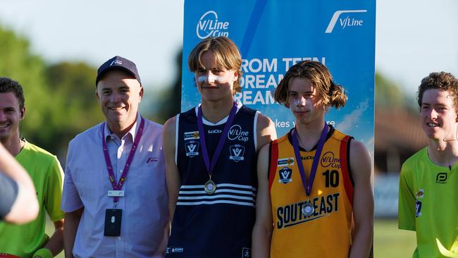 Jack Pickett and Cody Ray with their best on ground medals. Picture: Luke Hemer/AFL Victoria