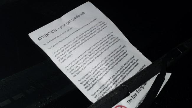 The notes left by Tyre Extinguishers explain why they’ve targeted SUVs. Picture: Supplied