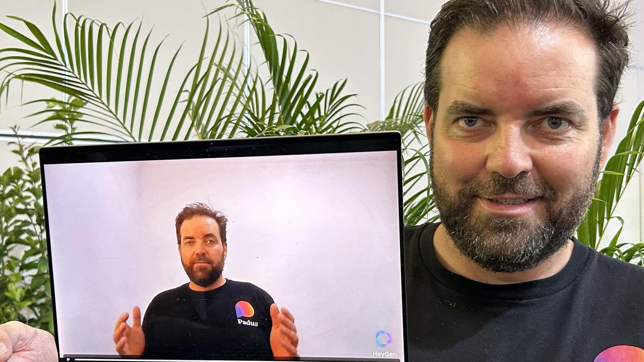 Padua Solutions co-CEO Matt Esler with an AI-created video avatar of himself. Picture: Anthony Keane