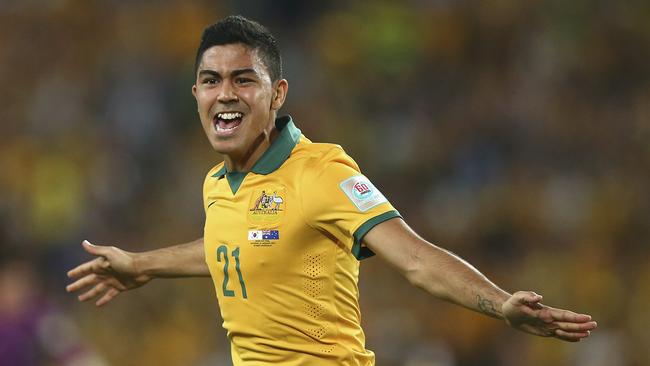 Massimo Luongo of Australia scores his teams first goal during the 2015 Asian Cup final.