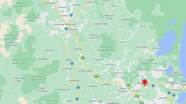 A map showing the where a woman was critically injured south of Gympie late Sunday. She dies the next morning.