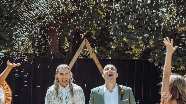 The couple eloped, tying the knot in a garden ceremony at Mawson House in Hepburn Springs. Picture: Daylesford Wedding Photography