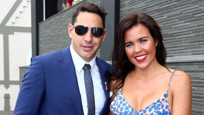 Billy and Nicole Slater in the Birdcage at Flemington Racecourse during the Melbourne Cup.