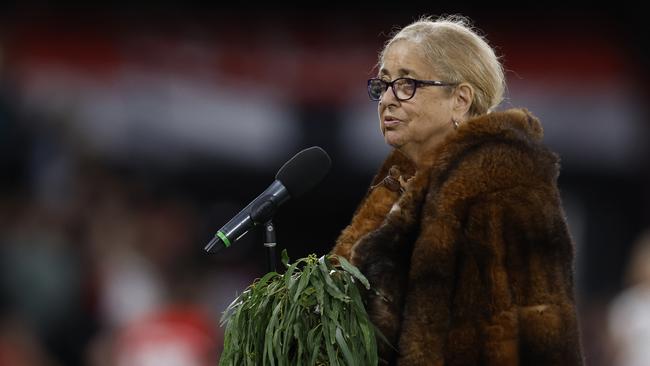 Senior Wurundjeri elder Aunty Joy Murphy Wandin of the Kulin Nation delivers a Welcome to Country. Picture: Getty Images.