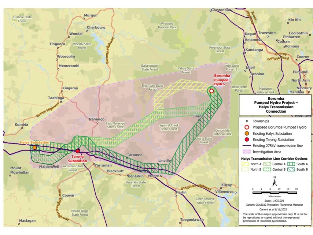 Map of proposed transmission pathways from Borumba Dam to Halys substation. Picture: Powerlink