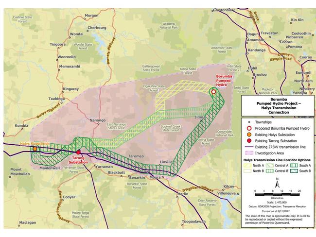 Map of proposed transmission pathways from Borumba Dam to Halys substation. Picture: Powerlink