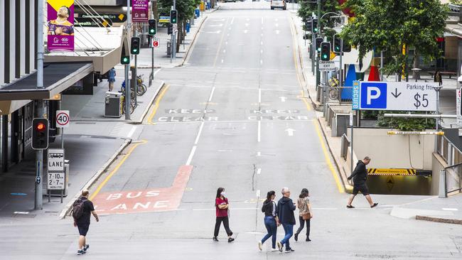 A near-empty Edward St in the Brisbane CBD during coronavirus restrictions