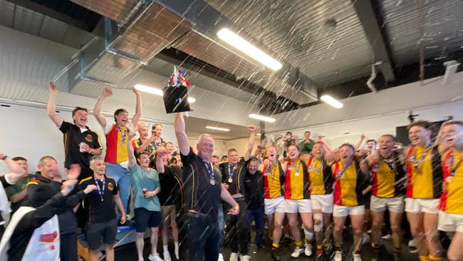 Cheltenham celebrate its narrow grand final victory. Picture: Valeriu Campan