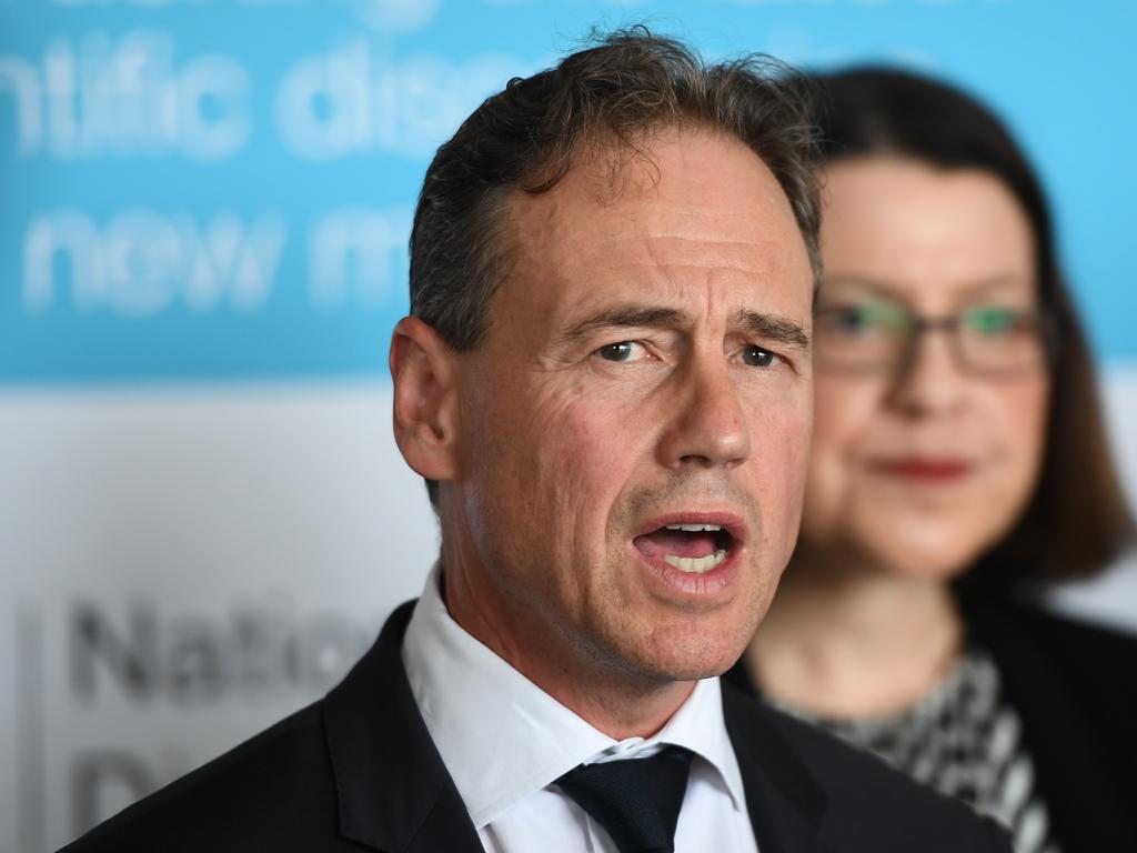 Federal Health Minister Greg Hunt, in Melbourne with Victorian Health Minister Jenny Mikakos, said a Europe-wide travel ban is under consideration. Picture: AAP