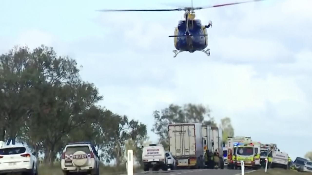 An emergency helicopter takes off from the Bruce Highway after the horror Greyhound bus crash. Photo: 7 News.