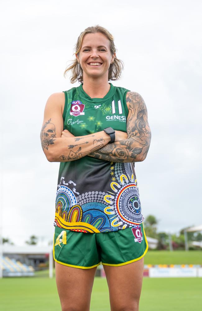 AFL Cairns female Captains Leashay Warbeurton, Tiarne Sparks, Jade Ransfield. Picture Emily Barker.