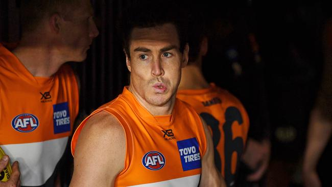 PERTH, AUSTRALIA - AUGUST 13: Jeremy Cameron of the Giants sets to enter the field during the 2020 AFL Round 12 match between the Sydney Swans and the GWS Giants at Optus Stadium on August 13, 2020 in Perth, Australia. (Photo by Daniel Carson/AFL Photos via Getty Images)