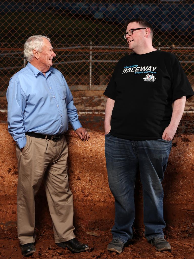 Speedway journalist Dennis Newlyn (left) and Speedway statistician Shaun MacDonald at the Sydney Speedway in Granville. Picture: Jonathan Ng