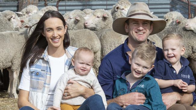 NEWS: Fernhills: Fergus and Jenna WattsFergus and Jenna Watts, farming at Fernhill Agriculture. Ferg used to be an AFL footballer. The couple now split their time between Melbourne and their fledgling regenerative fat lamb operation.PICTURED: Fergus and Jenna Watts with their children 4yo Navy, 2yo Tennyson and 1yo Cosette and Border Collie named Sassy.PICTURE: ZOE PHILLIPS