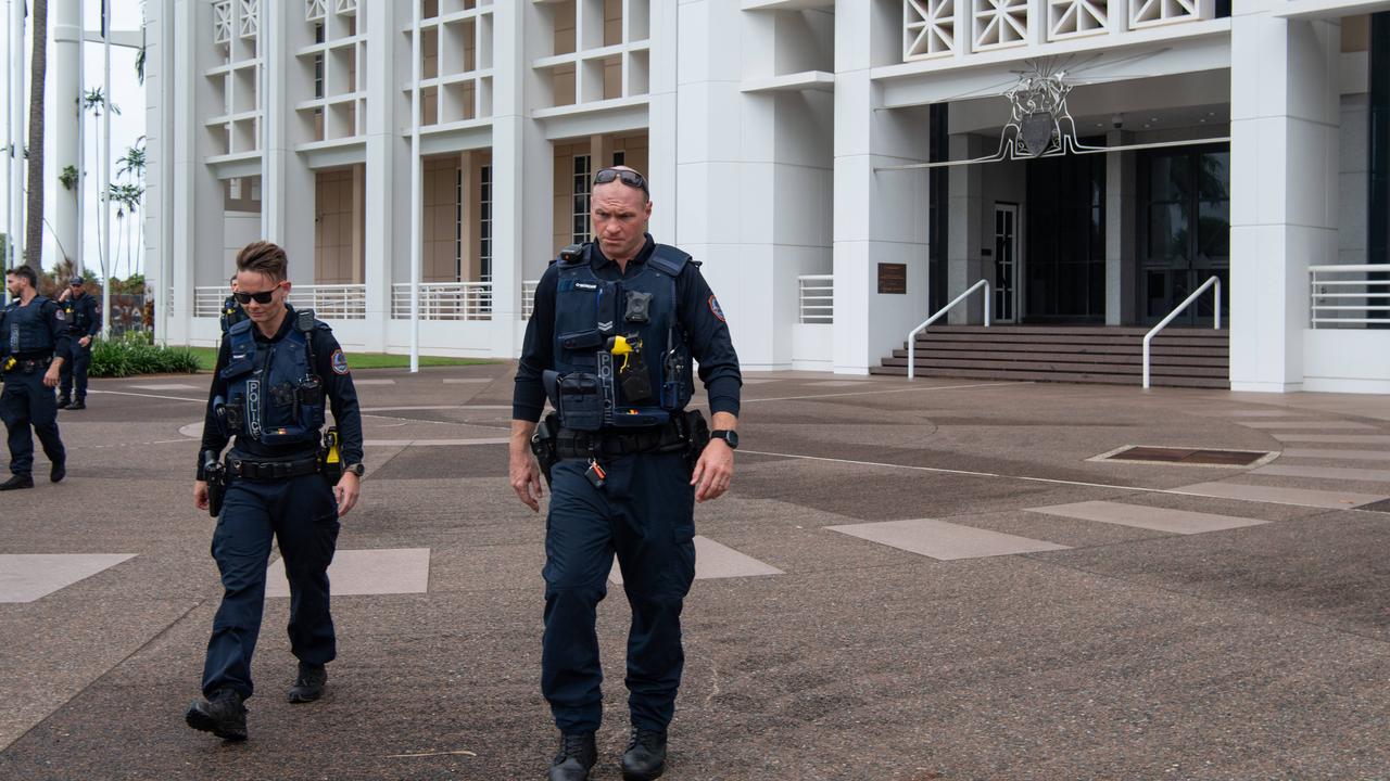 Officers patrol outside Parliament House after it went into a temporary lockdown earlier this month. Picture: Pema Tamang Pakhrin