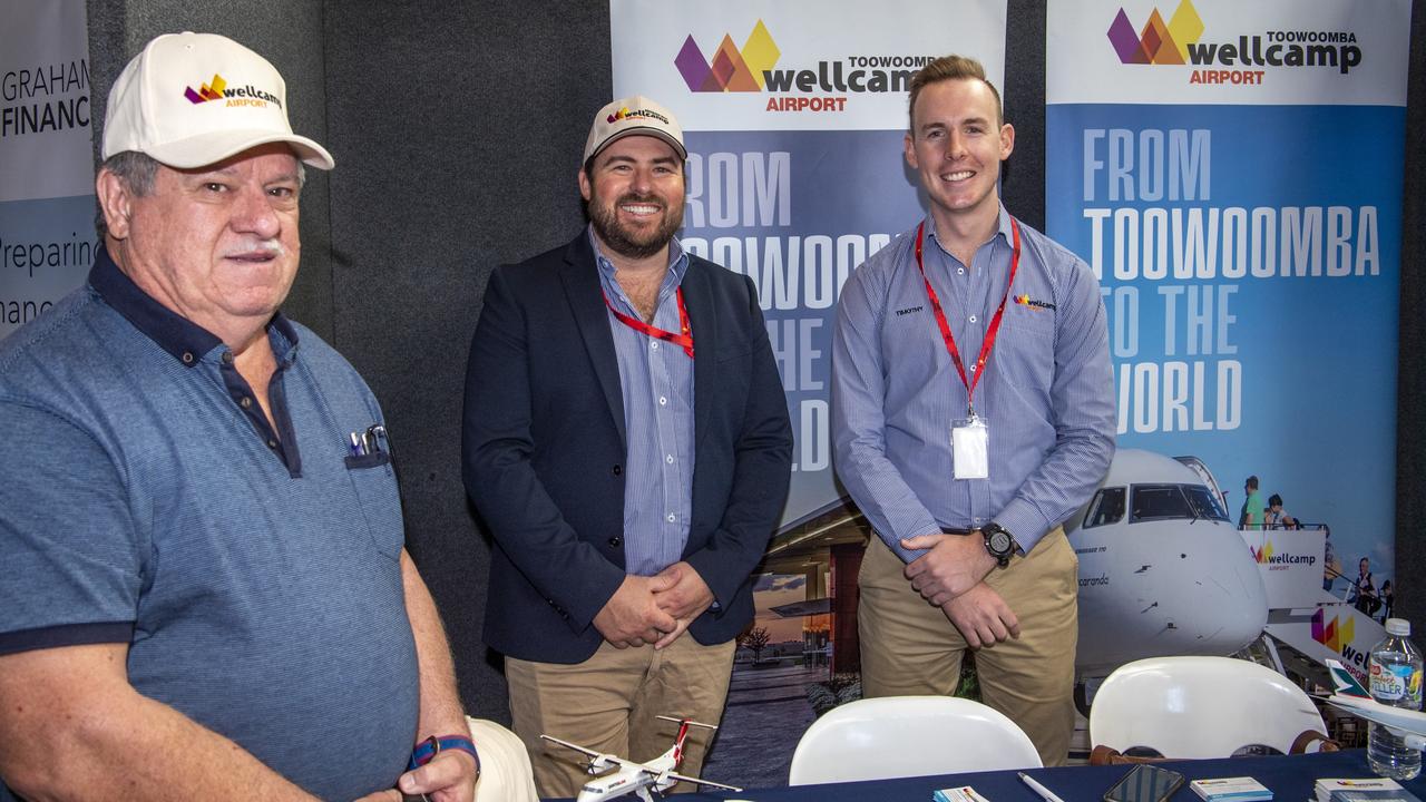 BUSINESS BUDS: Paul Apsey from Globetrotters Travel with Jonny Arkins and Timothy Carney from Wellcamp Airport. Picture: Nev Madsen.