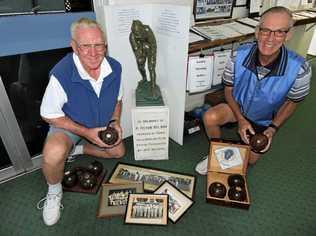 MEMORIES: Doon Villa Bowls Club historian Ron Prove and president Barry Stimpson (right). Picture: Boni Holmes