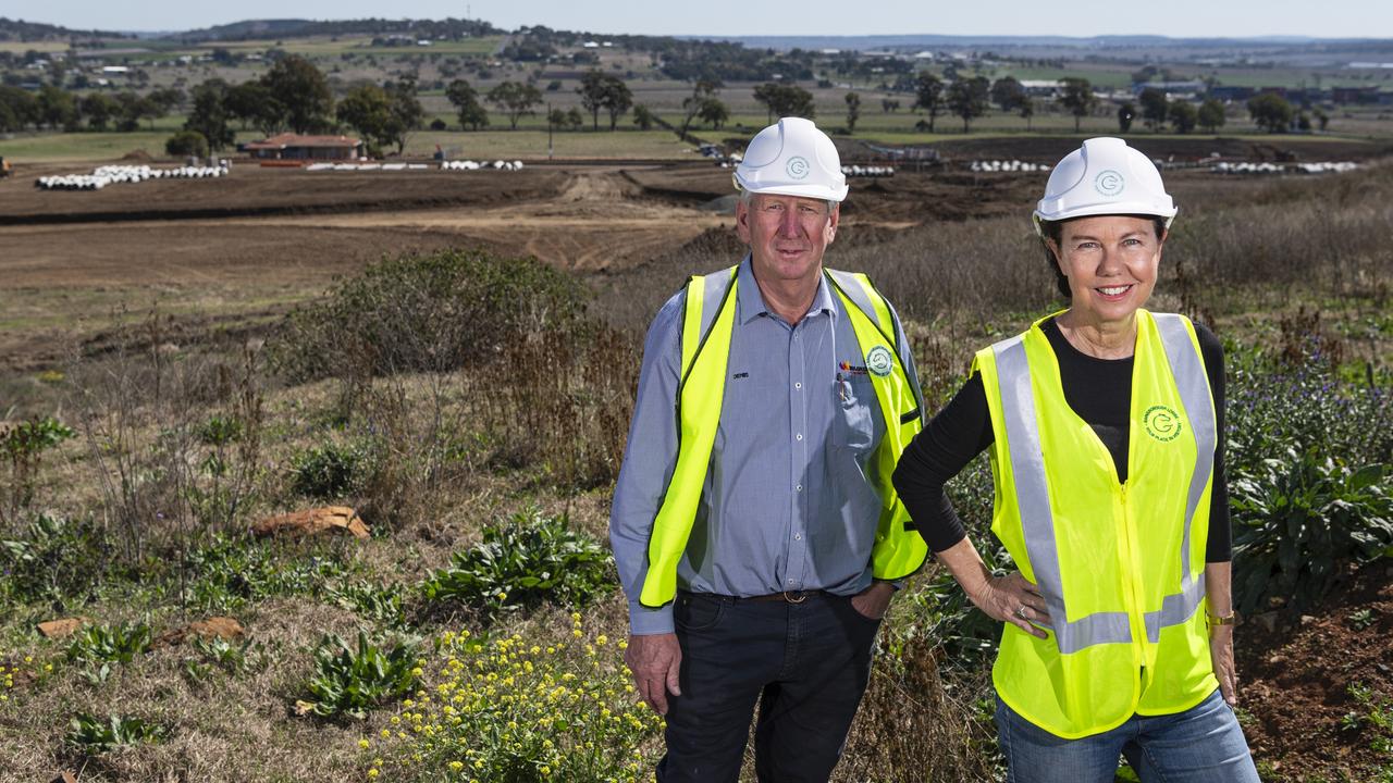 Wagner Corporation director Denis Wagner and Richards Group managing director Melinda Richards at their Gainsborough Lodge subdivision, off Toowoomba-Cecil Plains Road in Wellcamp, Friday, August 23, 2024. Picture: Kevin Farmer