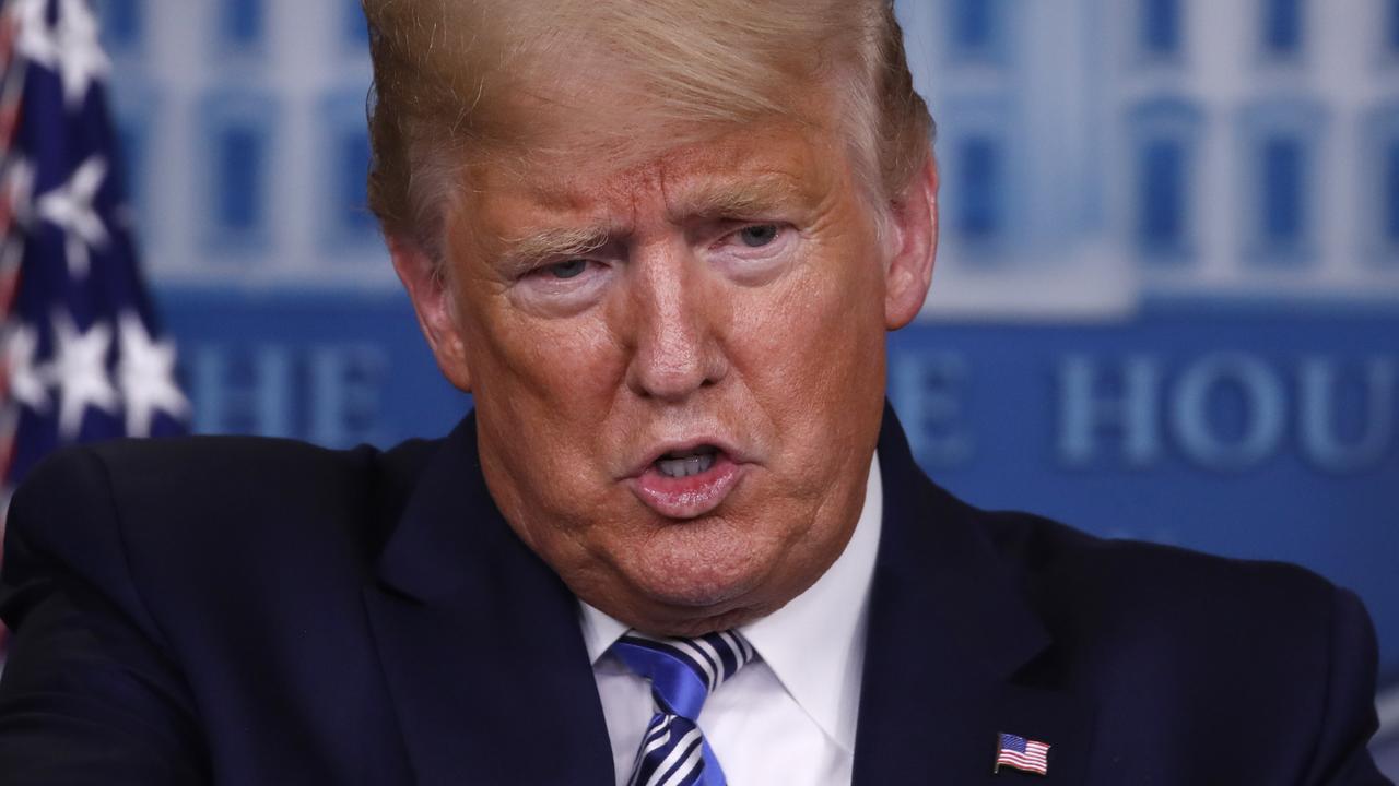 President Donald Trump speaking at today’s briefing. Picture: Alex Brandon/AP