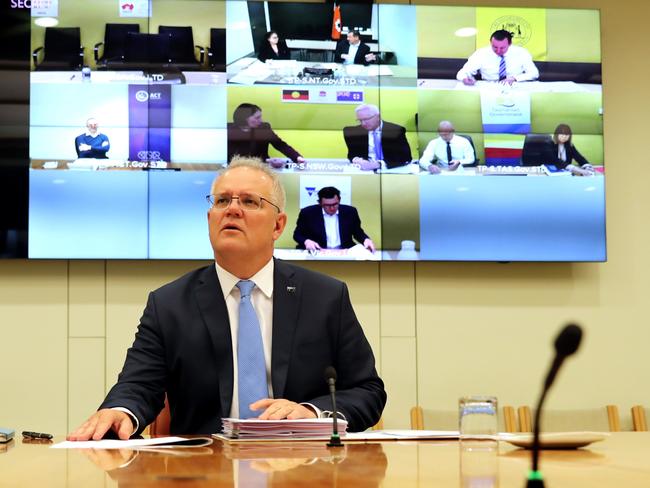 Prime Minister Scott Morrison attends yesterday’s National Cabinet. Picture: Adam Taylor/PMO