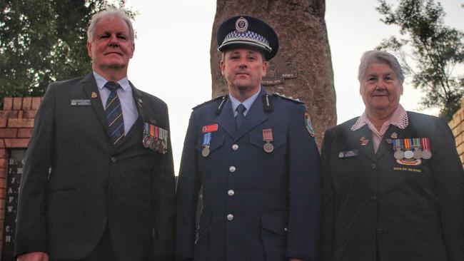 Rob Asquith when he was President at the Byron Bay Services RSL Sub Branch, Det Inspector Luke Arthurs (Tweed-Byron Police District) and Vi Hill, Vice President Byron Bay Services RSL Sub Branch.