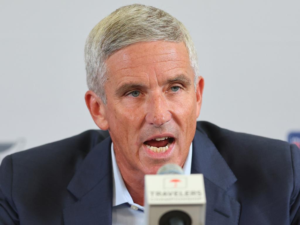 PGA Tour Commissioner Jay Monahan speaks prior to the Travelers Championship at TPC River Highlands. Picture: Michael Reaves/Getty Images