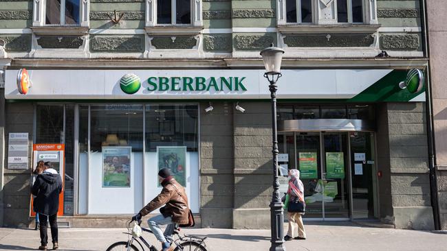 Russia’s banks have been cut off from the global financial system. Above, one of the Slovenian branches of the Russian state-owned bank Sberbank. Picture: AFP