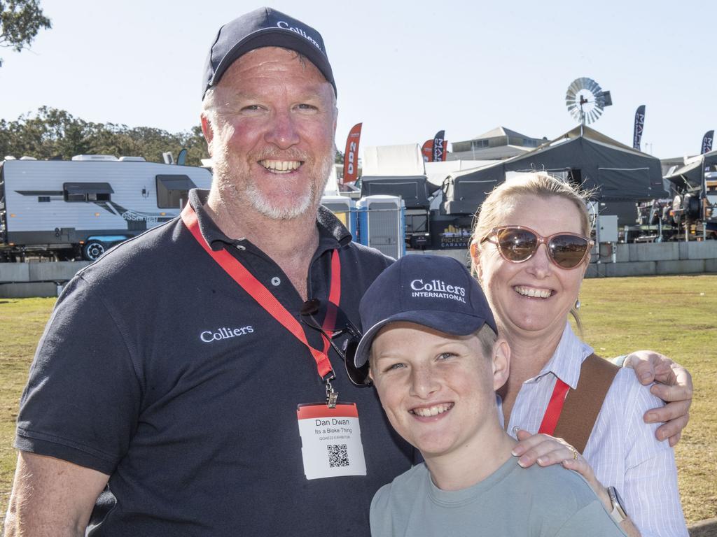 (from left) Dan, Charlie and Katie Dwan at the Queensland Outdoor Adventure Expo, Toowoomba Showgrounds. Friday, July 29, 2022. Picture: Nev Madsen.