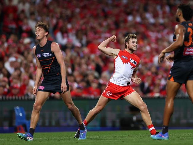 Braeden Campbell enjoys a crucial goal. Picture: Cameron Spencer/Getty Images