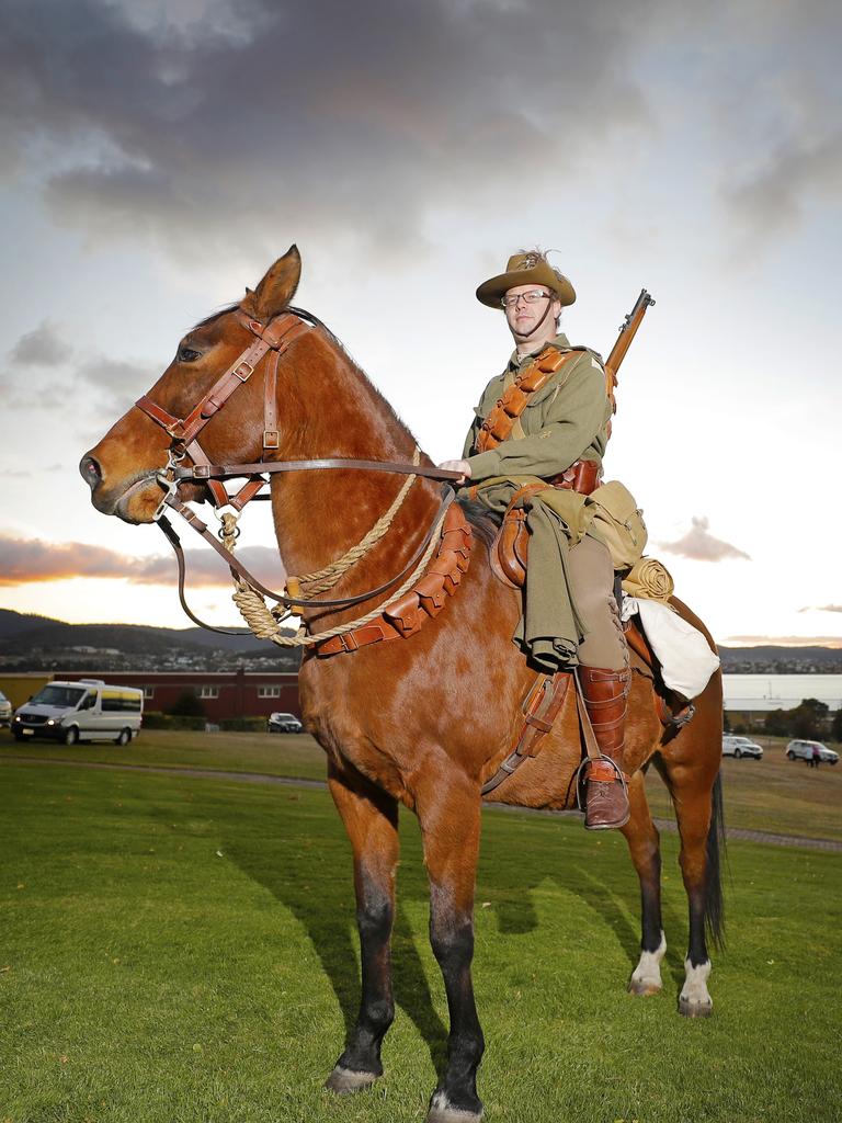 David Thomas of C squadron, 3rd Lighthorse Regiment, Historic Troop at the Anzac Day dawn service at the Hobart cenotaph. Picture: PATRICK GEE