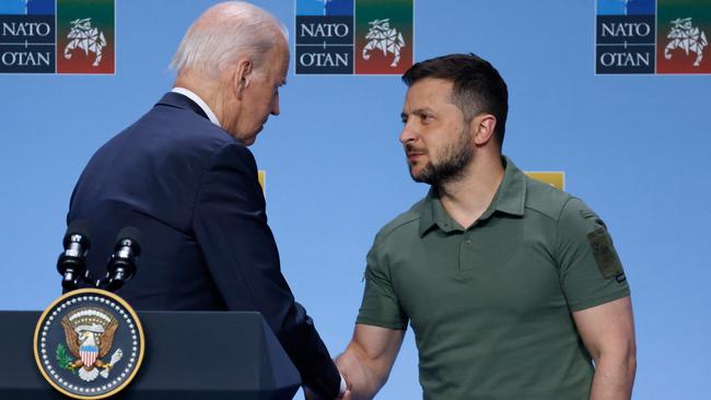 Joe Biden with Volodymyr Zelensky in July. Picture: AFP