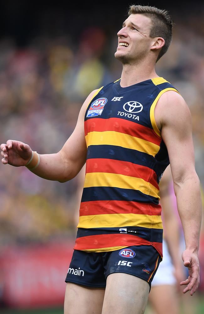 Josh Jenkins of the Crows after missing a shot on goal during the AFL grand final.