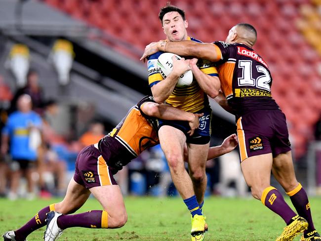 Mitchell Moses of the Paramatta Eels takes on the defence during the match between the Brisbane Broncos and the Parramatta Eels in Brisbane. Picture: Getty Images