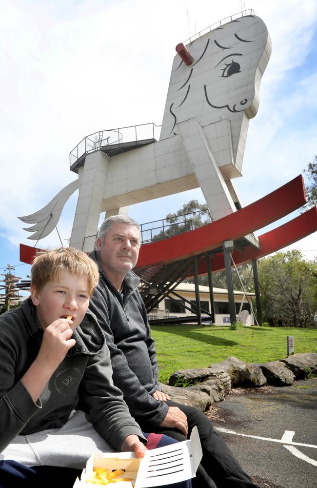 Day-trippers Jack Gigney (13) and Michael Marks checking out the Big Rocking Horse. Picture Dean Martin