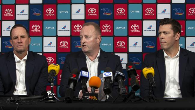 Outgoing Crows coach Don Pyke with chairman Rob Chapman and CEO Andrew Fagan at the announcement he was stepping down last week. Picture: AAP/Emma Brasier