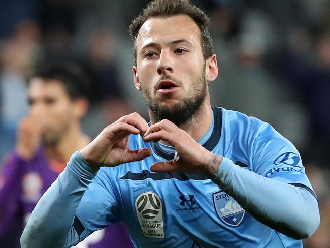 Adam Le Fondre of Sydney FC celebrates goal  during the A-League Semi Final match between Sydney FC and Perth Glory at Bankwest Stadium. Picture. Phil Hillyard