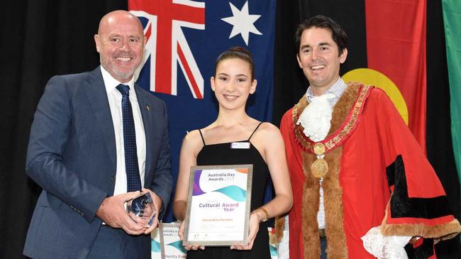 Australia Day celebration at the Brolga in Maryborough - Alexandrea Rossiter - winner Young Cultural Award of the Year with Cr Darren Everard and Mayor George Seymour. Picture: Alistair Brightman