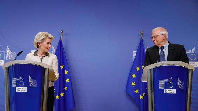 Ursula von der Leyen and Josep Borrell at the European Commission in Brussels on Sunday. Picture: AFP