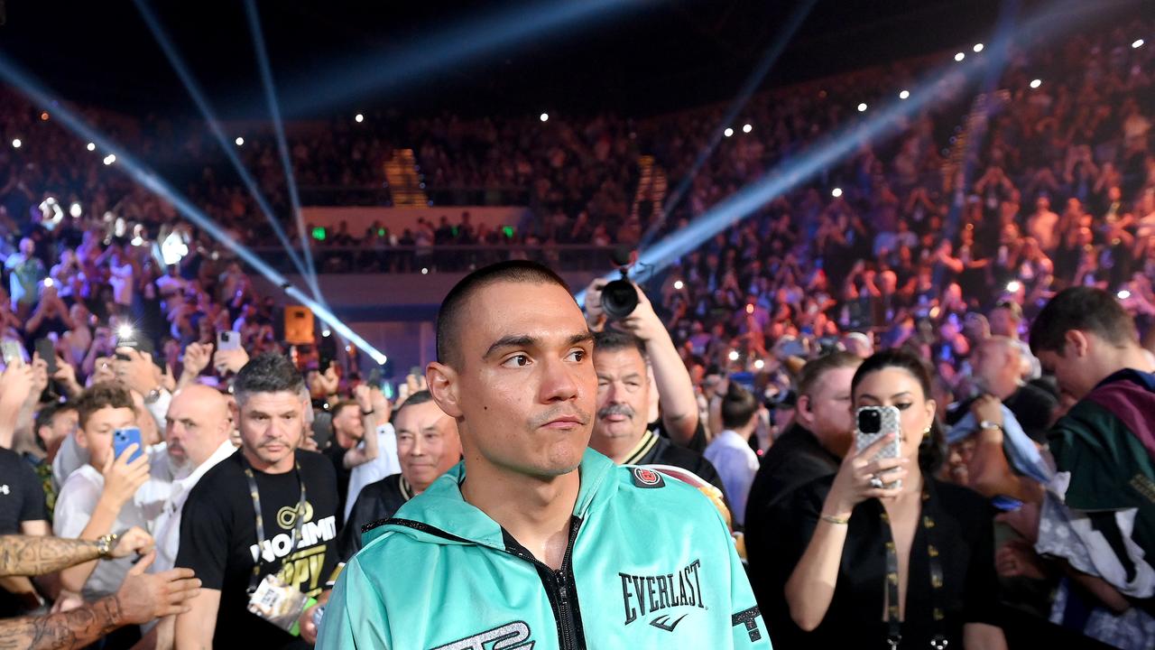 GOLD COAST, AUSTRALIA - OCTOBER 15: Tim Tszyu does his walk to the ring before the WBO super-welterweight world title bout between Tim Tszyu and Brian Mendoza at Gold Coast Convention and Exhibition Centre on October 15, 2023 in Gold Coast, Australia. (Photo by Bradley Kanaris/Getty Images)